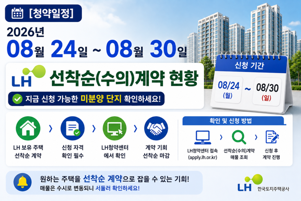 [청약일정] 2026년 08월 24일 ~ 08월 30일 lh 선착순(수의)계약 현황